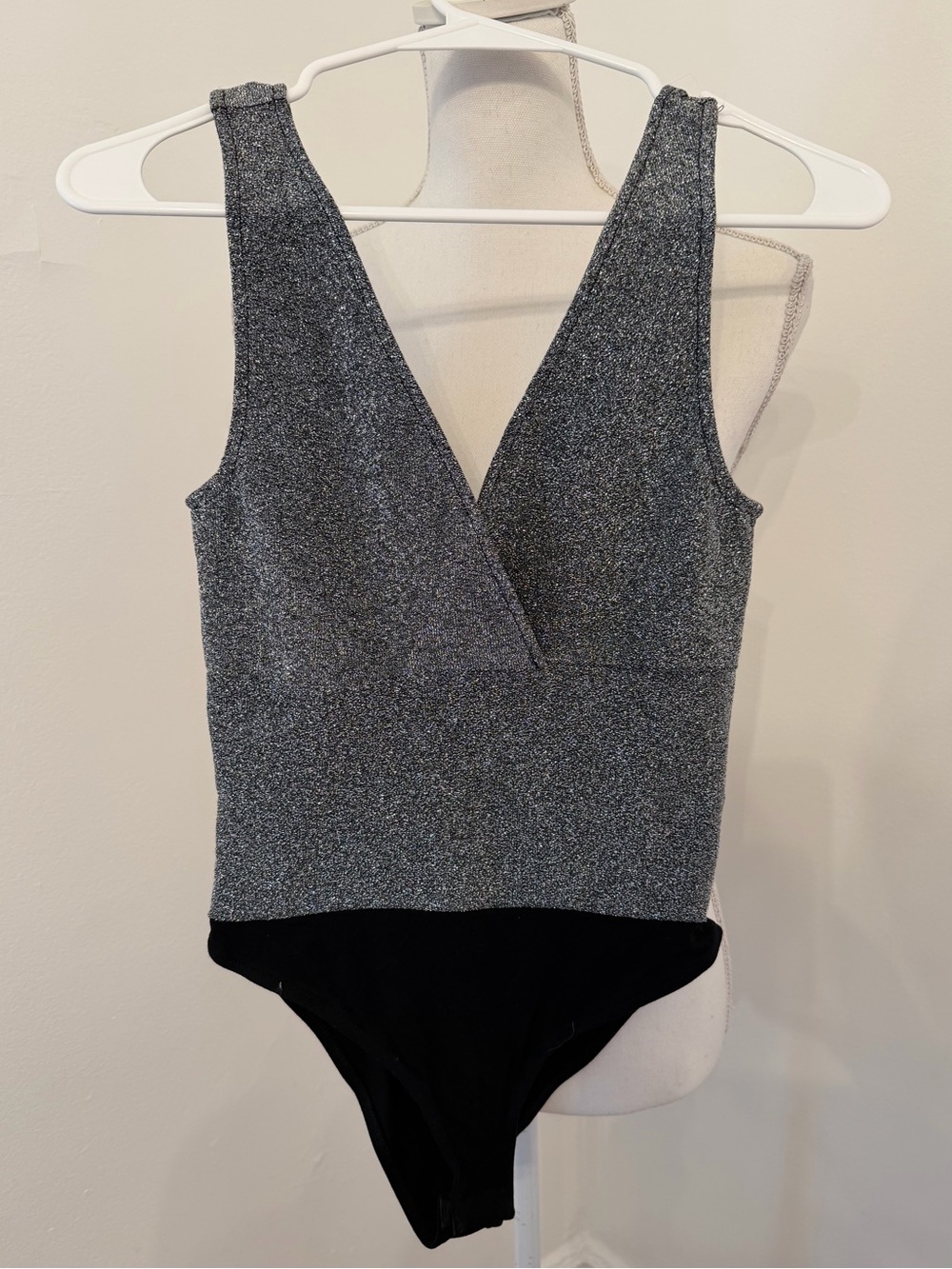 Glitter V-Neck One-Piece Bodysuit- Silver and Black